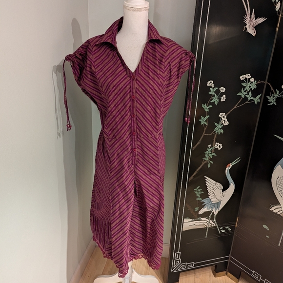 Y2K Women's 14 Stripe Berry Purple Fit And Flare Dress Lace Trim Drawstring SLV - Picture 1 of 9